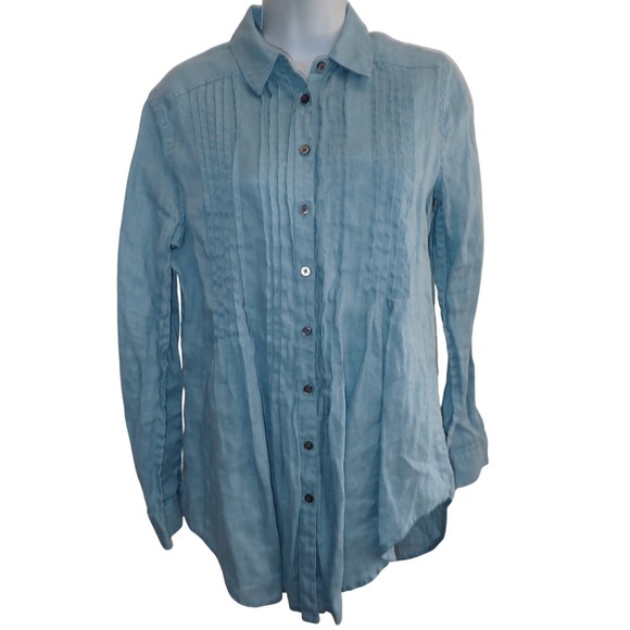 Sundance Tops - Sundance Womens XS Blue 100% Linen Pintuck Pleated Button Down Long Sleeve Shirt